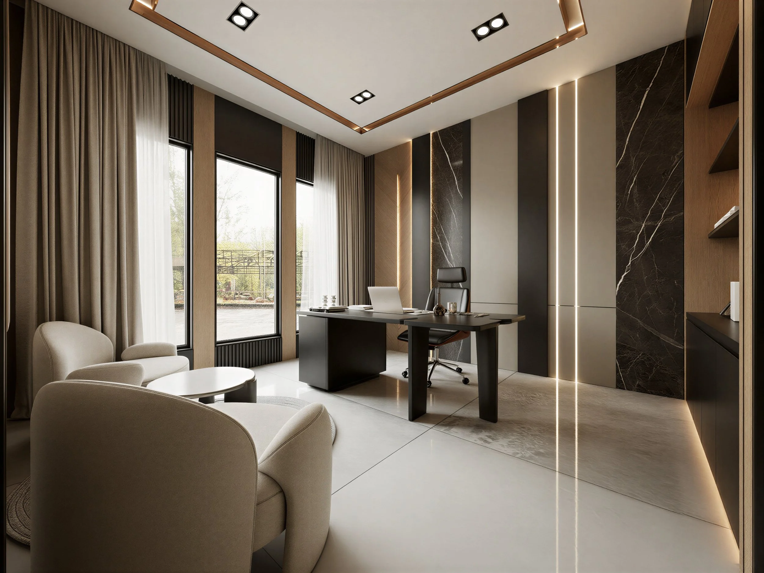 Modern office interior with large windows, beige armchairs, a black desk, and decorative wall panels with vertical LED lighting.