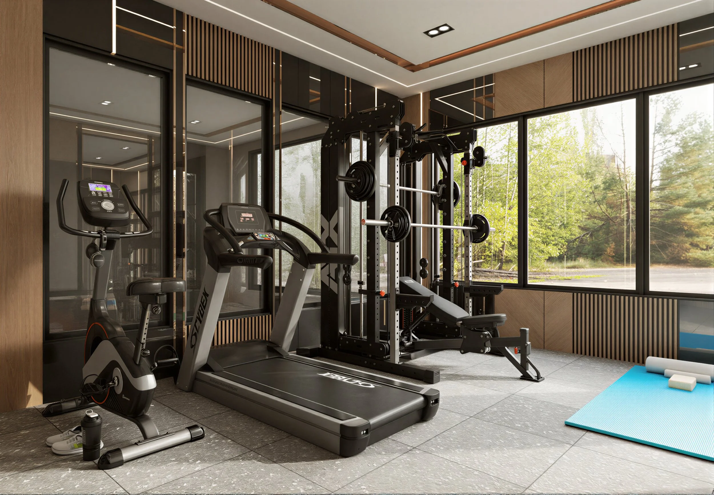 A modern gym room with fitness equipment including a treadmill, exercise bike, and a power rack with weights. Large windows reveal trees outside. On the floor, there is a yoga mat and foam rollers.