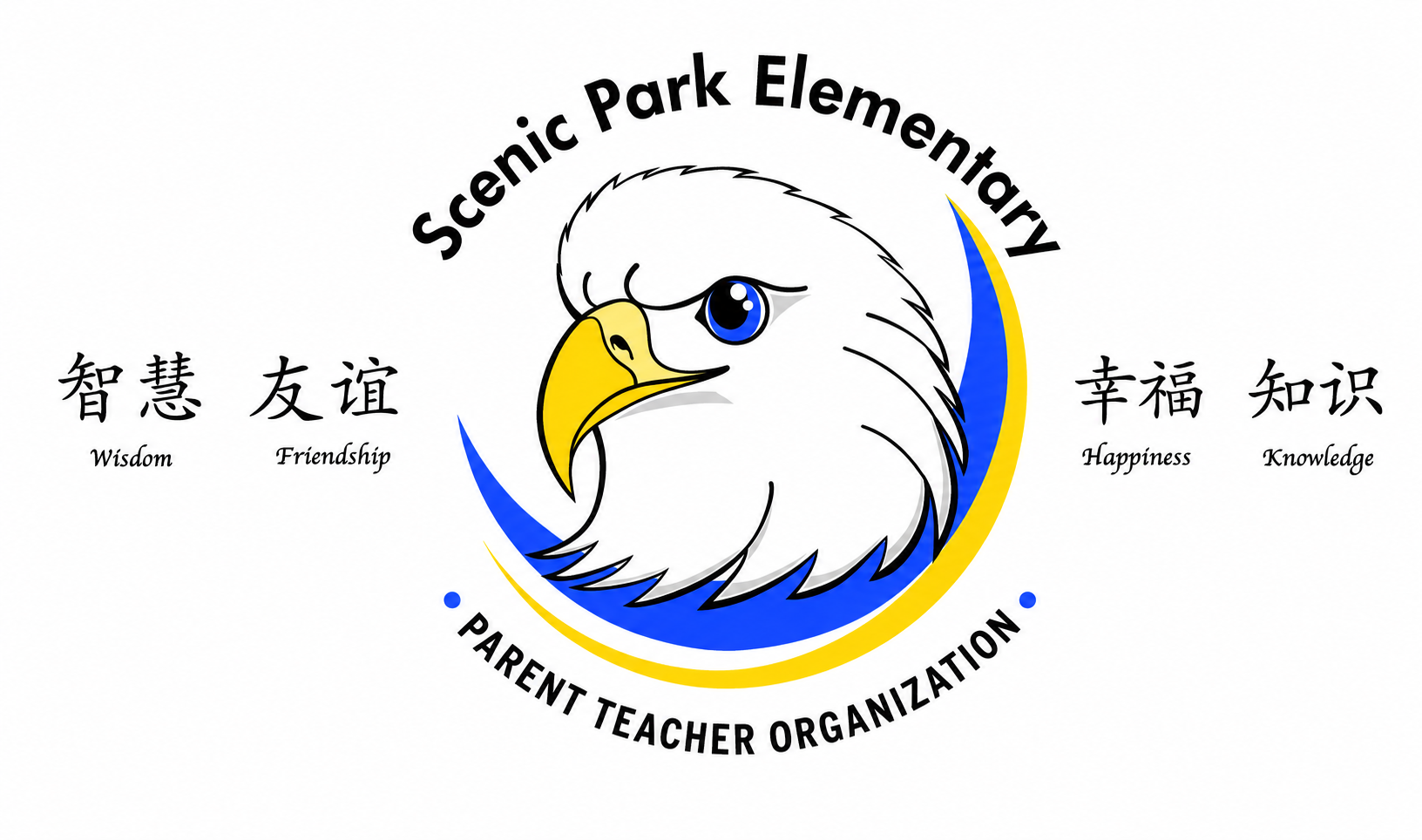 Logo of Scenic Park Elementary, featuring an eagle's head with blue eye and yellow beak, surrounded by text in English and Chinese about wisdom, friendship, happiness, and knowledge.