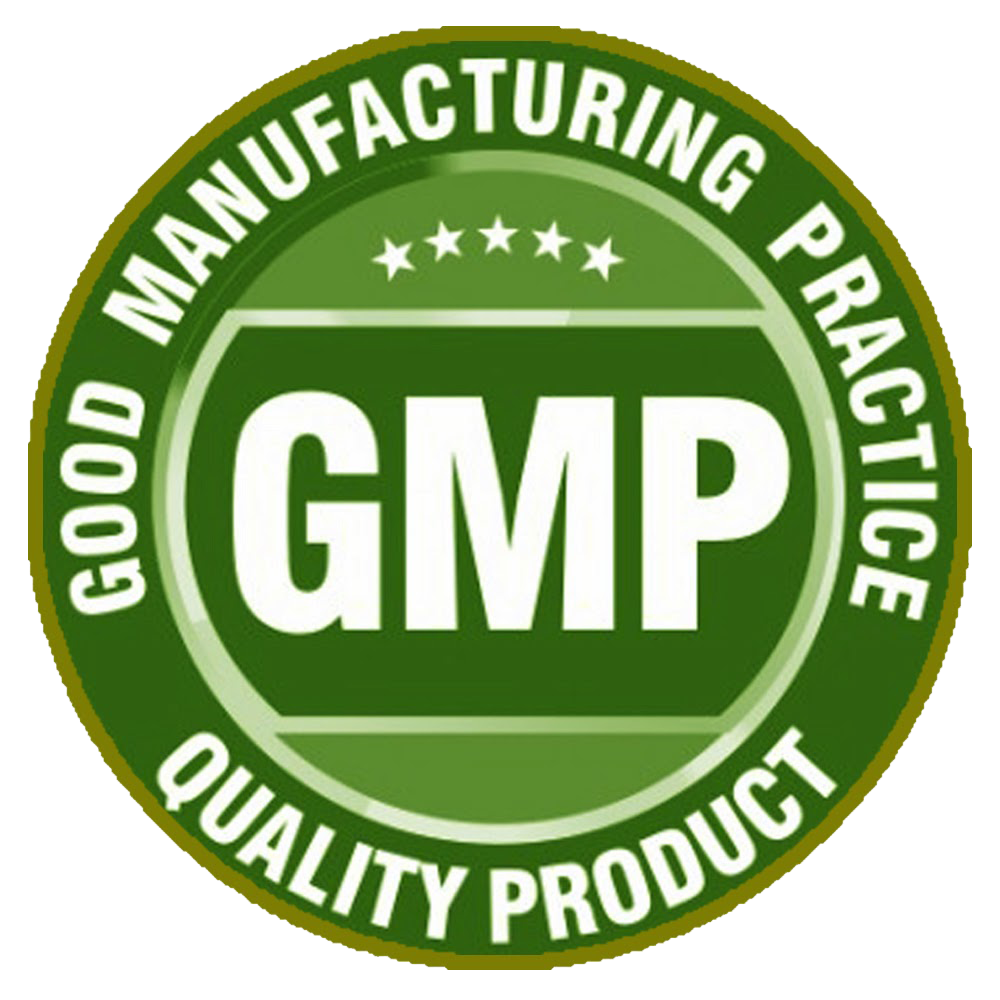 Green circular badge with white text reading 'Good Manufacturing Practice, Quality Product, GMP' and stars.