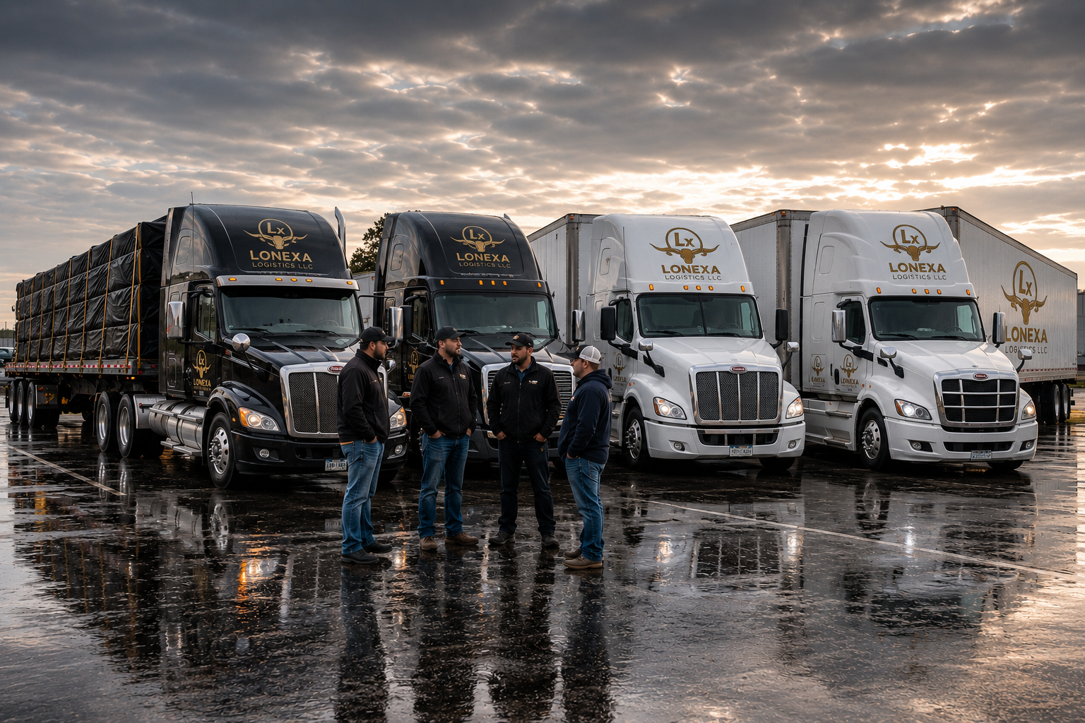 Four semi-trucks with 'Lonexa Logistics LLC' branding parked in a wet lot during sunset, with four men in dark jackets and jeans standing and talking.