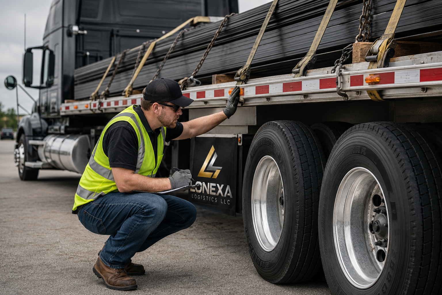 A man in a yellow safety vest and black cap crouches beside a large black semi-truck, inspecting the tires and recording notes on a clipboard. The truck is loaded with black metal pipes.