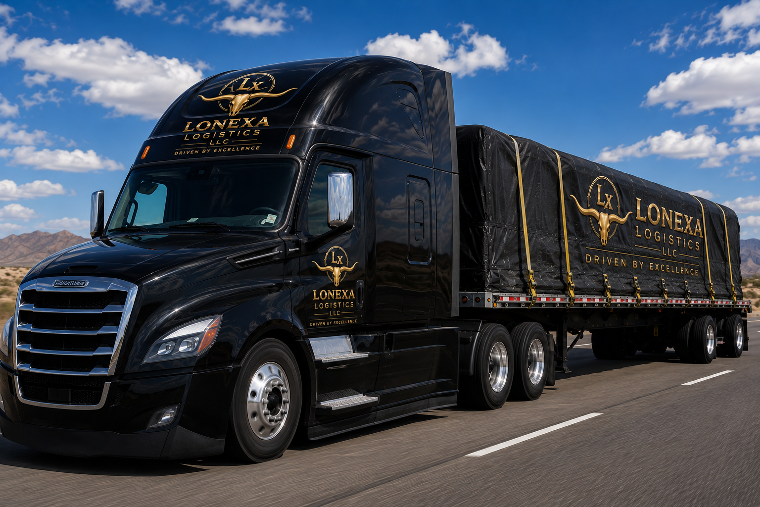 Black semi-truck with gold lettering and logo for Lonexa Logistics driving on highway in desert landscape with mountains and blue sky nearby.