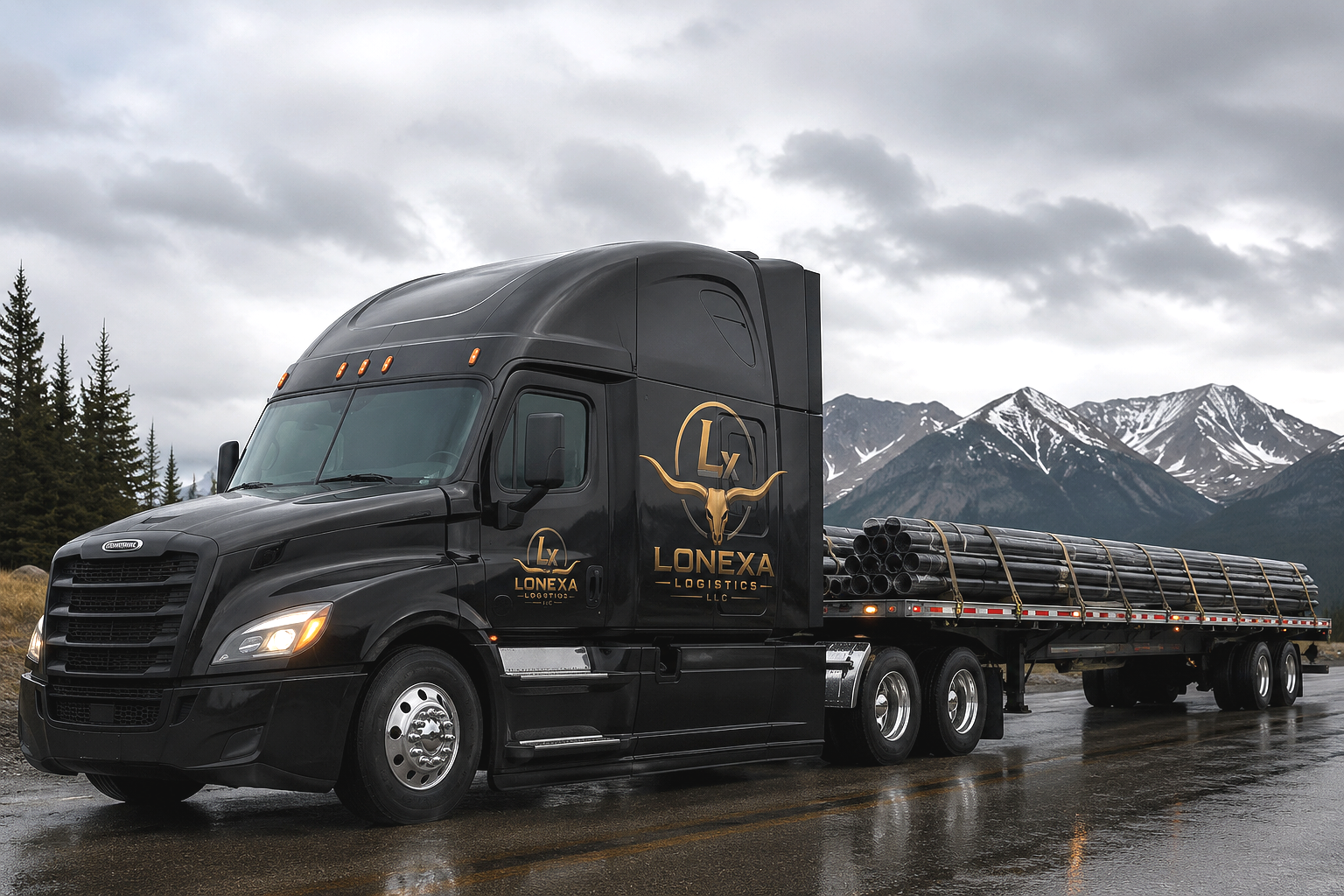 Black logistics truck with pipes on flatbed, branded with Lonexa Logistics LLC logo, parked on wet road with mountains and trees in the background under overcast sky.