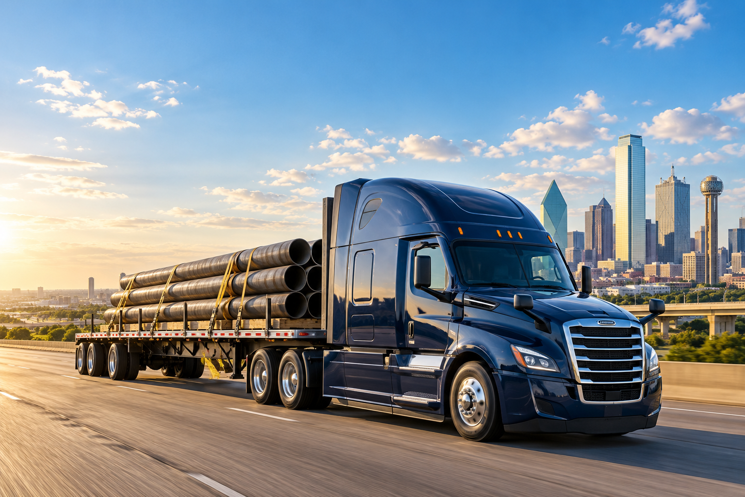 Illustration of a navy flatbed truck carrying secured pipes with the Dallas skyline under a bright blue sky.