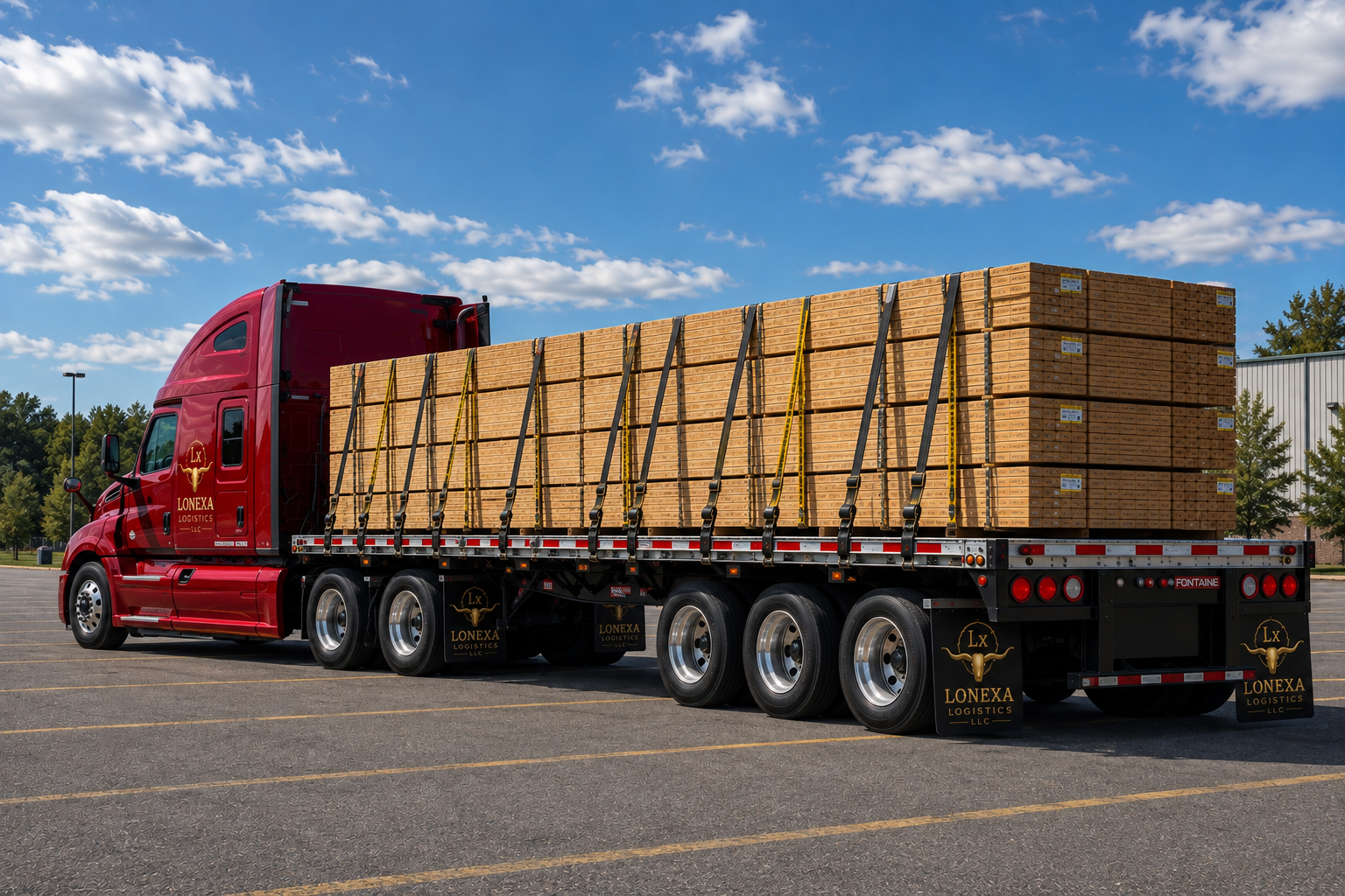 Red flatbed truck loaded with wooden planks parked in a lot under a blue sky with clouds.