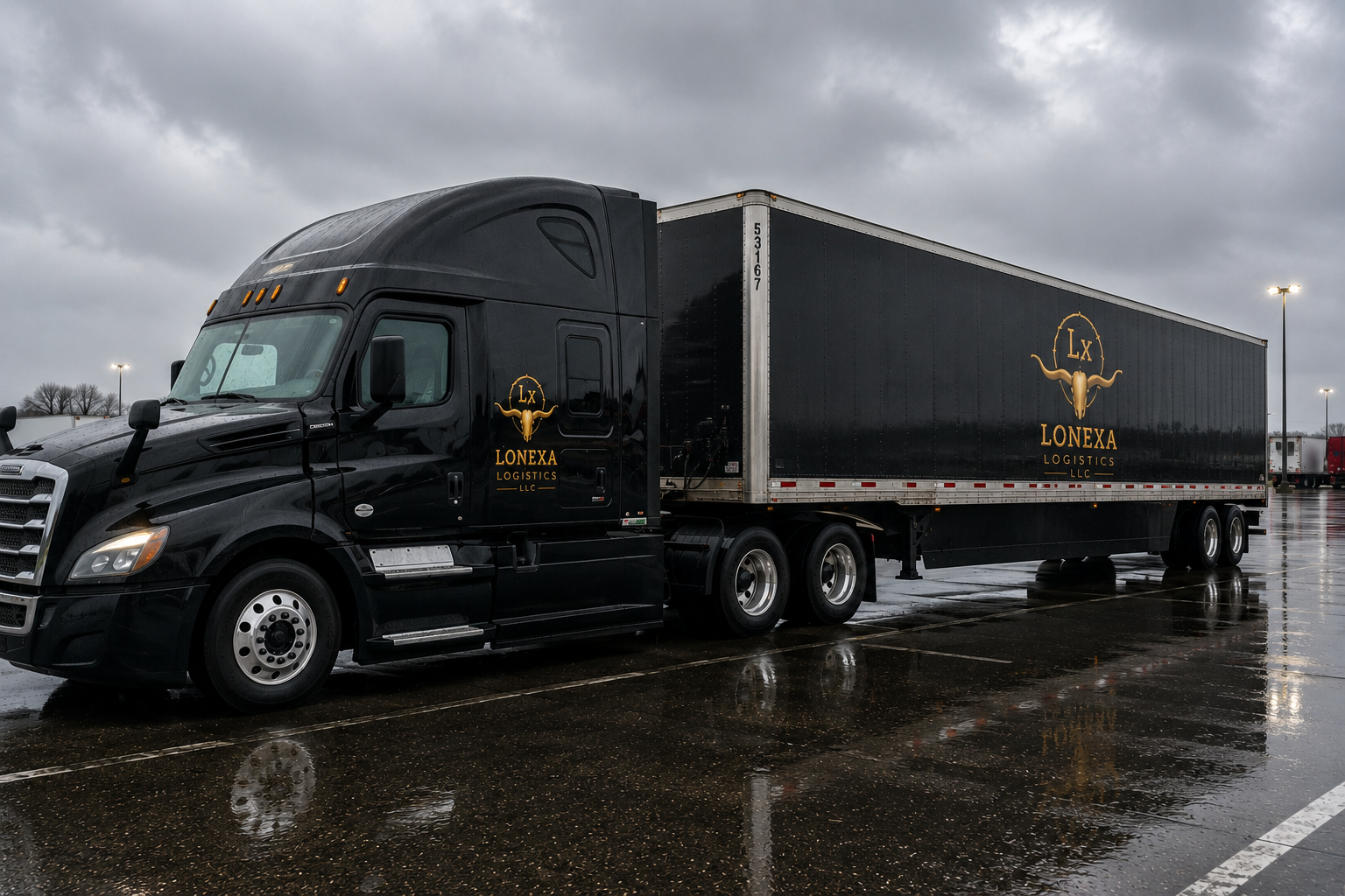 Black freight truck with 'LONEXA LOGISTICS LLC' logo, featuring a longhorn skull, parked on a wet lot under cloudy skies.