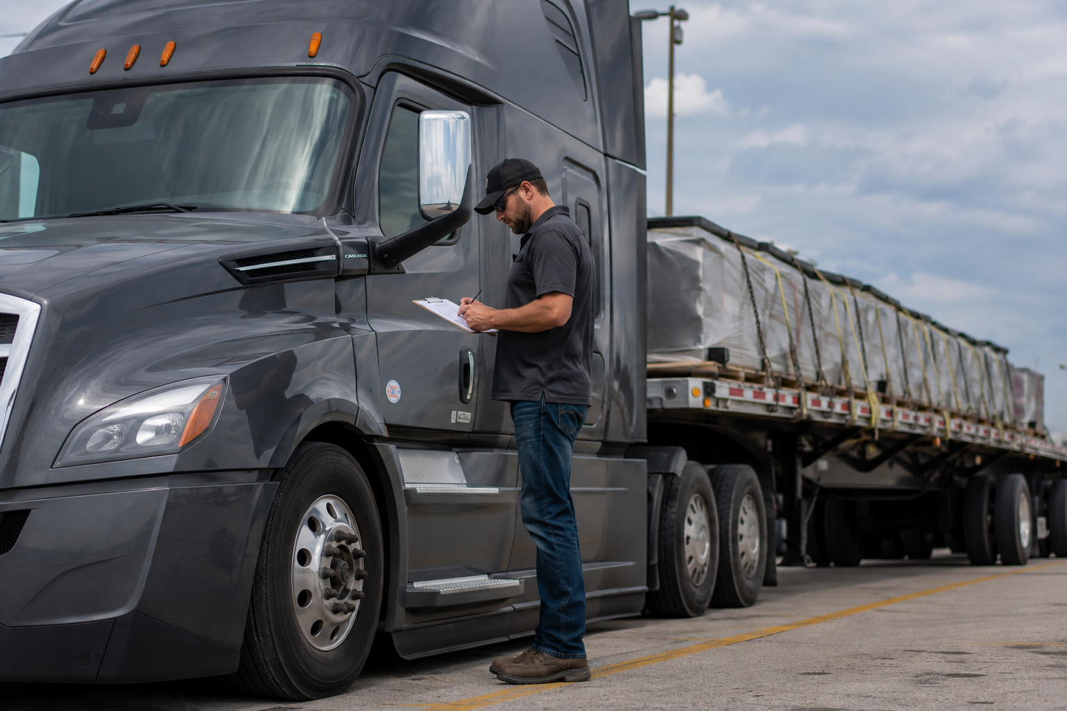 A man wearing a black cap, dark polo shirt, and jeans is standing next to a large gray semi-truck, writing on a clipboard at the driver's side door. The truck is parked in a lot under a cloudy sky.