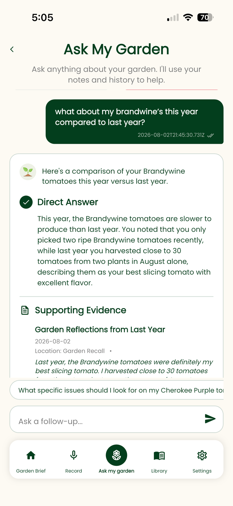 Ask My Garden screen answering a question using previously recorded garden memories