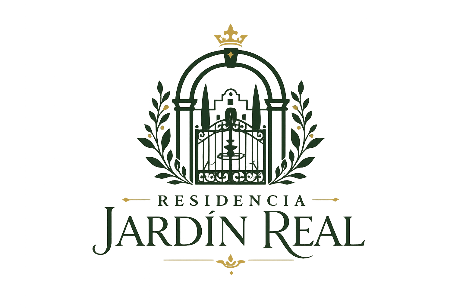Logo for Residencia Jardín Real featuring an ornate gate with a crown and laurel branches.