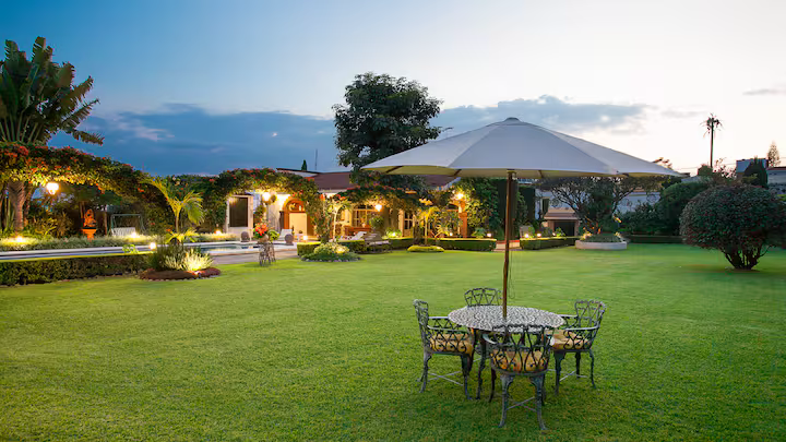 A spacious backyard with a large grassy area, outdoor furniture including a round table with a white umbrella and four chairs, trees, colorful plants, and a house with warm lighting and decorative vines at dusk.