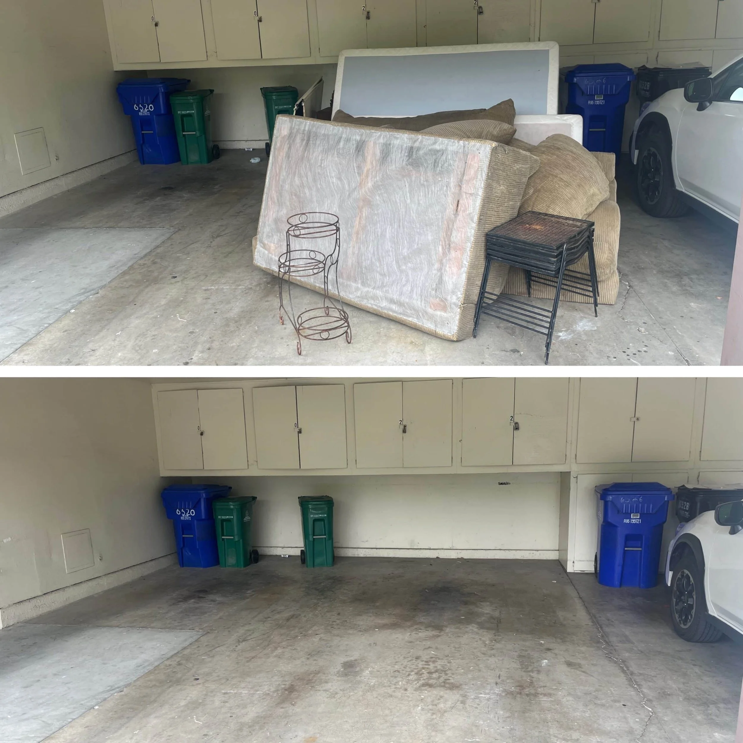 Garage after a cleanout with a mattress and couch remaining for junk removal and disposal.