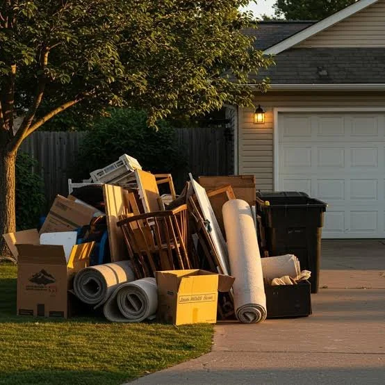 Pile of unwanted furniture, cardboard boxes, carpet, and household junk ready for pickup outside a home.
