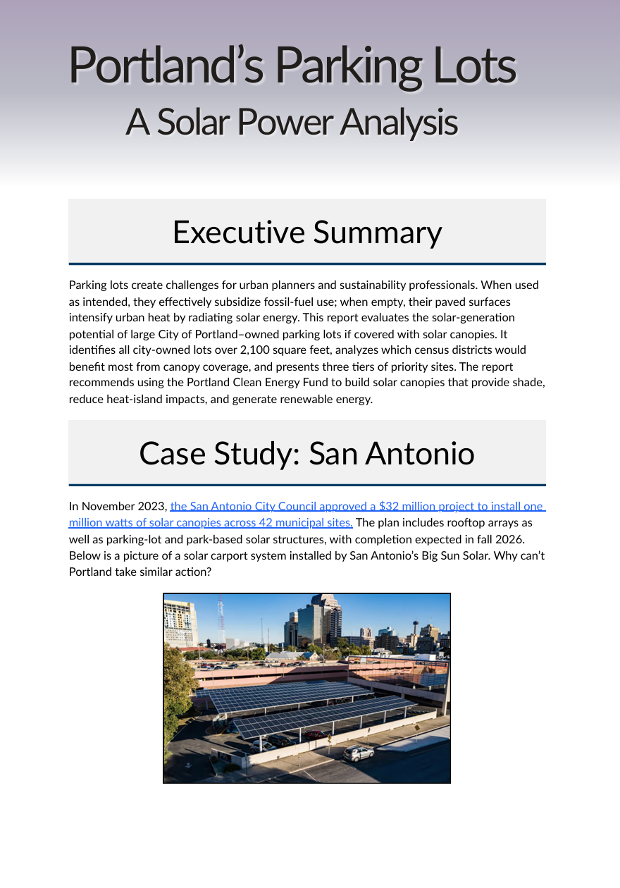 Title page of a report titled 'Portland's Parking Lots: A Solar Power Analysis.' Contains sections labeled 'Executive Summary' and 'Case Study: San Antonio' with a photograph of solar panels installed on a parking structure in an urban area with high-rise buildings.