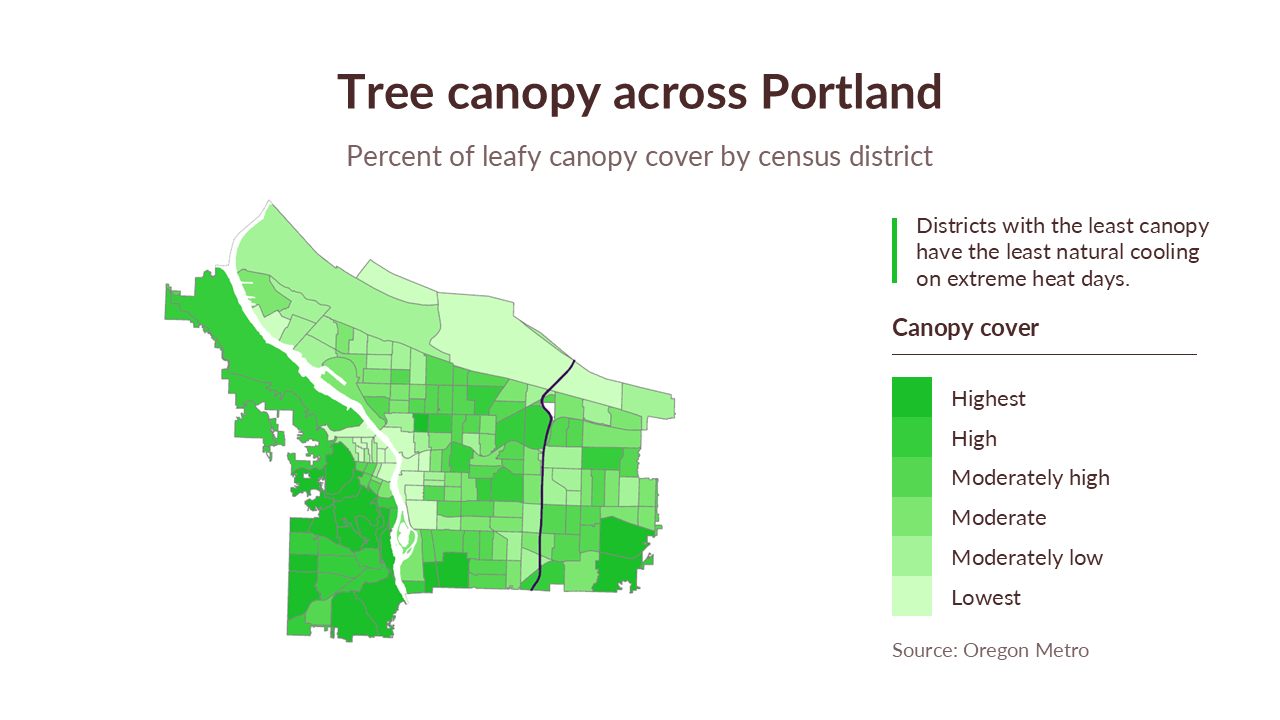 Map of Portland showing tree canopy cover percentages by district, with a title 'Tree canopy across Portland,' a subtitle explaining the data, a legend indicating canopy cover levels from highest to lowest in shades of green, and an annotation about districts with least canopy cover having minimal cooling on extreme heat days. The map is sourced from Oregon Metro.