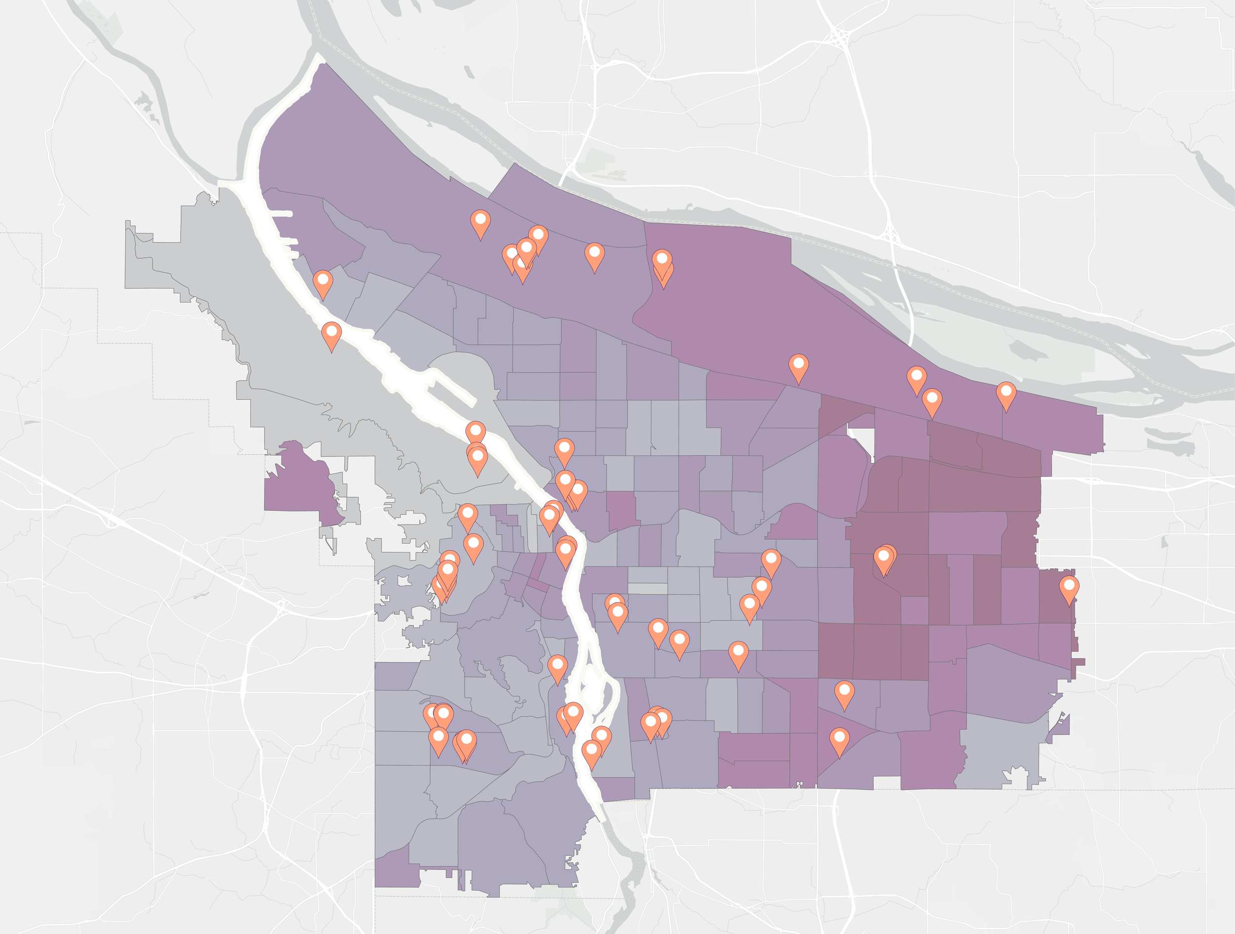 Map with purple shaded areas and orange location markers showing the locations of Portland's city-owned parking lots.