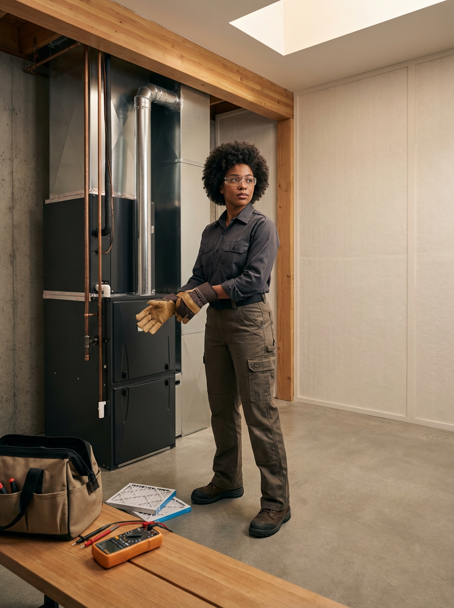 A woman with curly hair, glasses, wearing work gloves, industrial work clothes, and sturdy boots, inspecting a furnace or HVAC system in a modern, unfinished basement with concrete floors and exposed pipes.