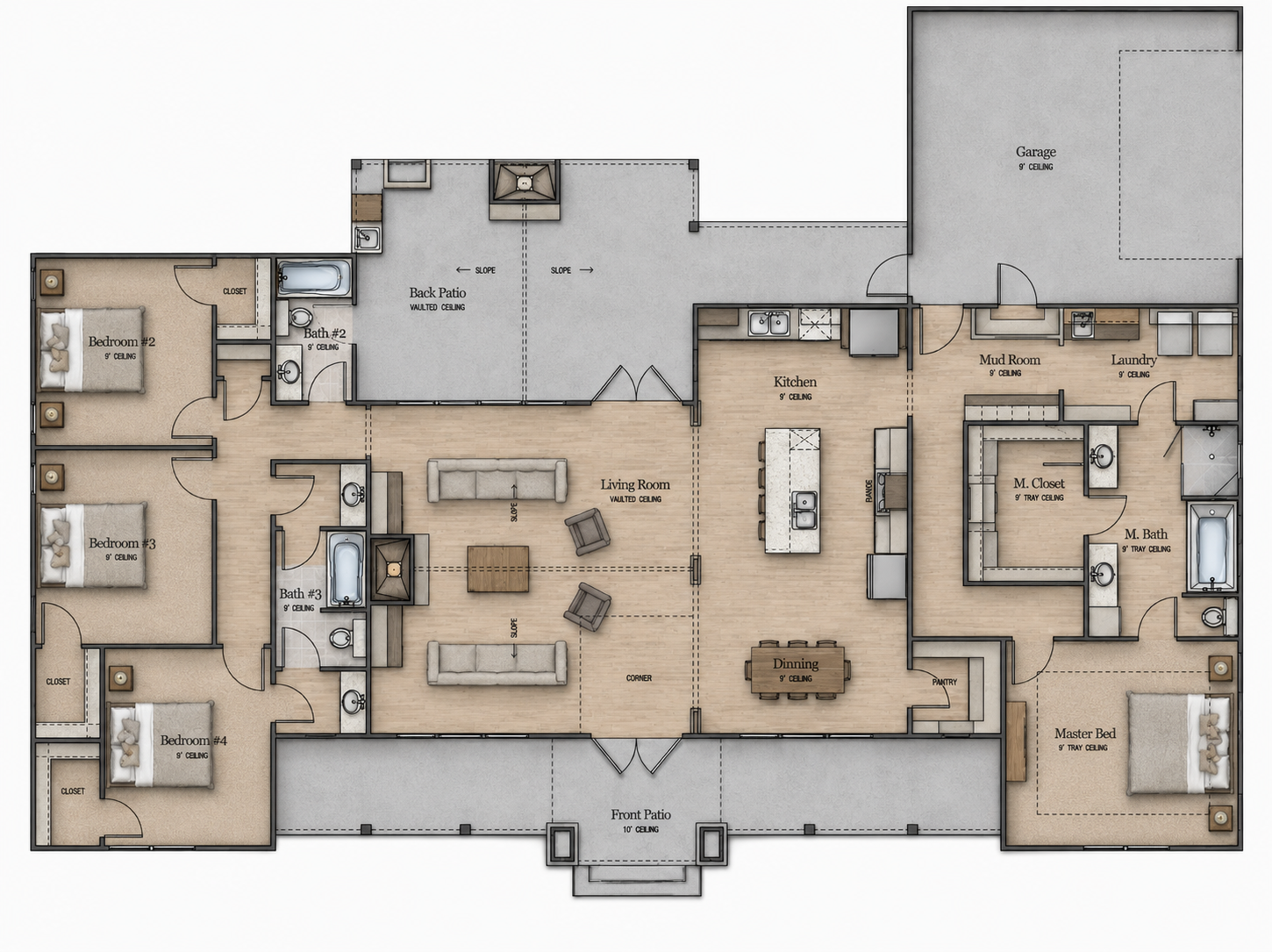 Floor plan of a house showing multiple bedrooms, bathrooms, a living room, kitchen, dining area, laundry room, mudroom, garage, and patios.