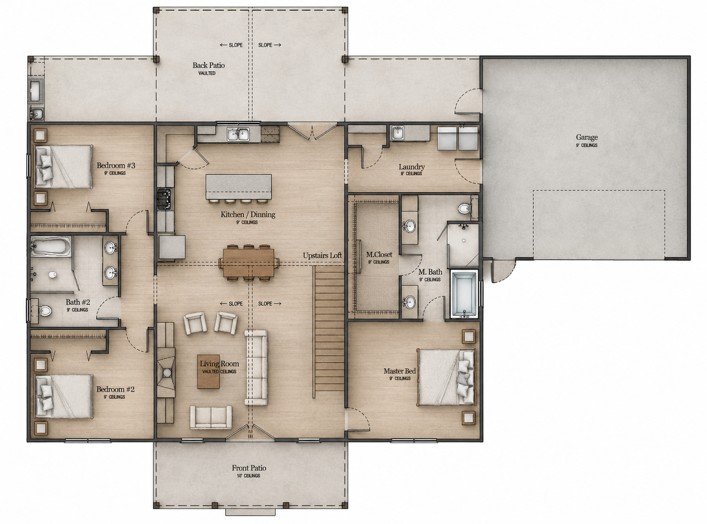 Floor plan of a house showing various rooms including bedrooms, bathrooms, a kitchen and dining area, living room, laundry, garage, back patio, and front porch. The layout includes room labels and ceiling heights.