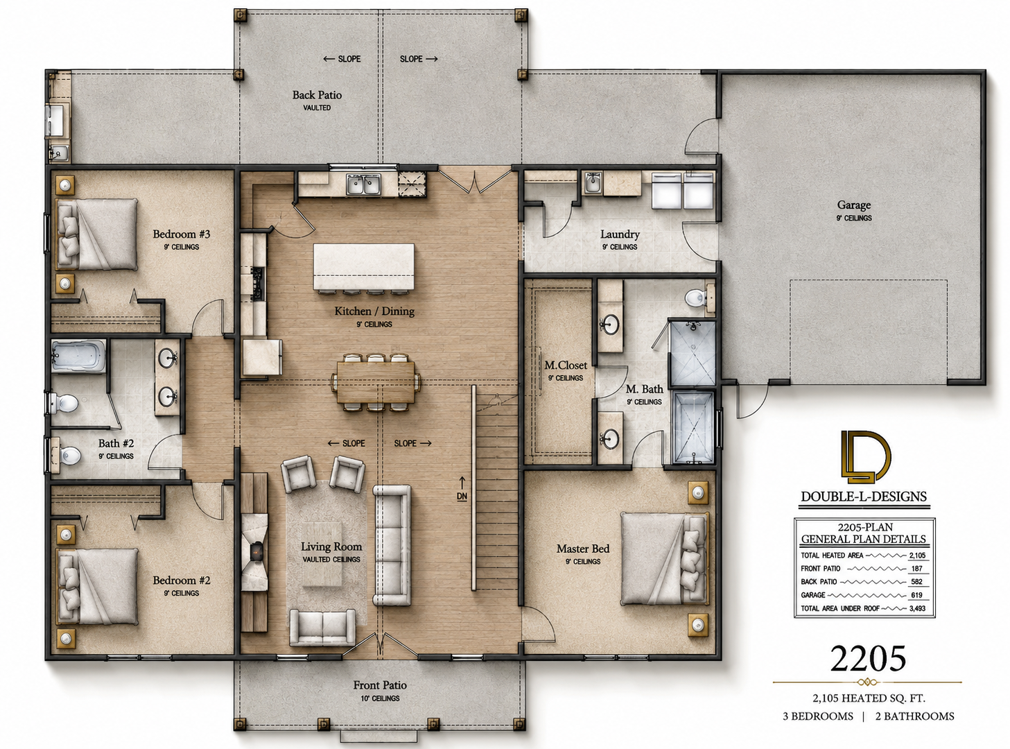 Floor plan of a house showing three bedrooms, two bathrooms, a kitchen/dining area, living room, laundry, master closet and bathroom, front porch, and back patio, with labeled areas and measurements.