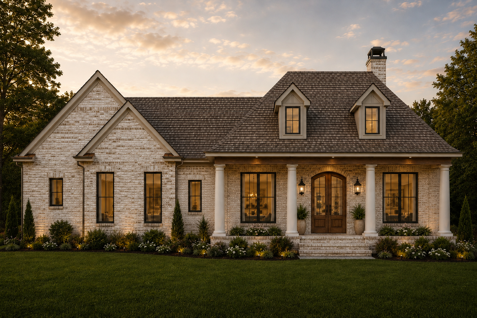 A beautiful house with white brick exterior, tall windows with black frames, and a wooden front door. It has a gabled roof with two dormer windows. The front yard features a manicured lawn, landscaped flower beds with lights, potted plants, and trees. The scene is taken at sunset with warm lighting inside and outside.