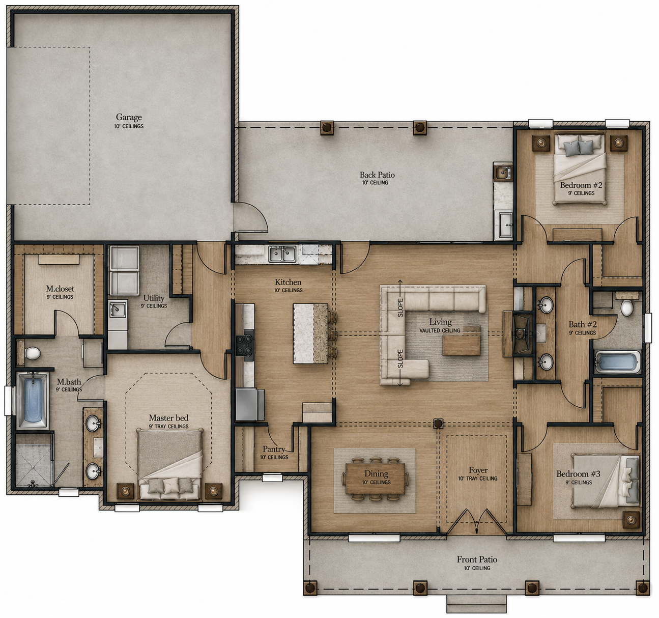 Floor plan of a single-story house showing a garage, back patio, living room, kitchen, dining area, foyer, three bedrooms, two bathrooms, utility room, master closet, master bath, kitchen pantry, and front patio.