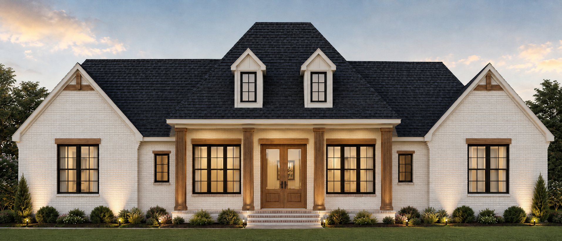 Front view of a modern house with white brick exterior, black window frames, wooden accents, a central front door, and dormer windows on a roof, illuminated porch lighting, set against a sunset sky.