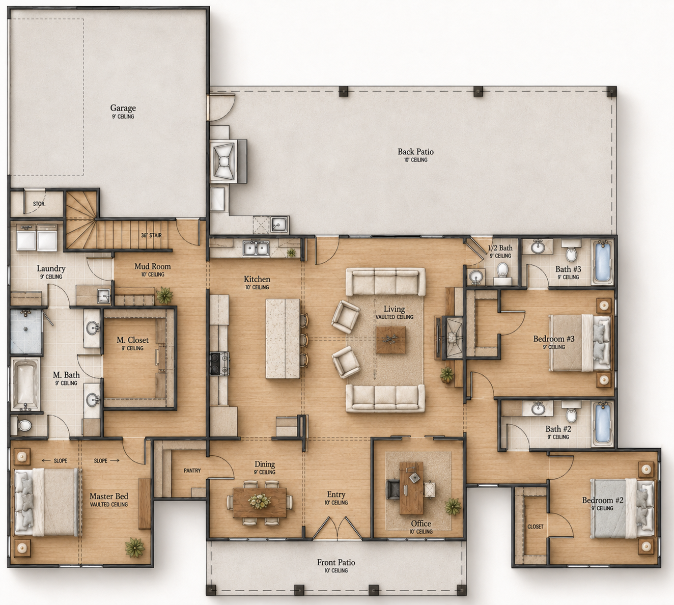 Floor plan of a house with a garage, back patio, living room, kitchen, dining area, entry, office, several bedrooms, bathrooms, laundry room, pantry, master bedroom, and multiple patios.