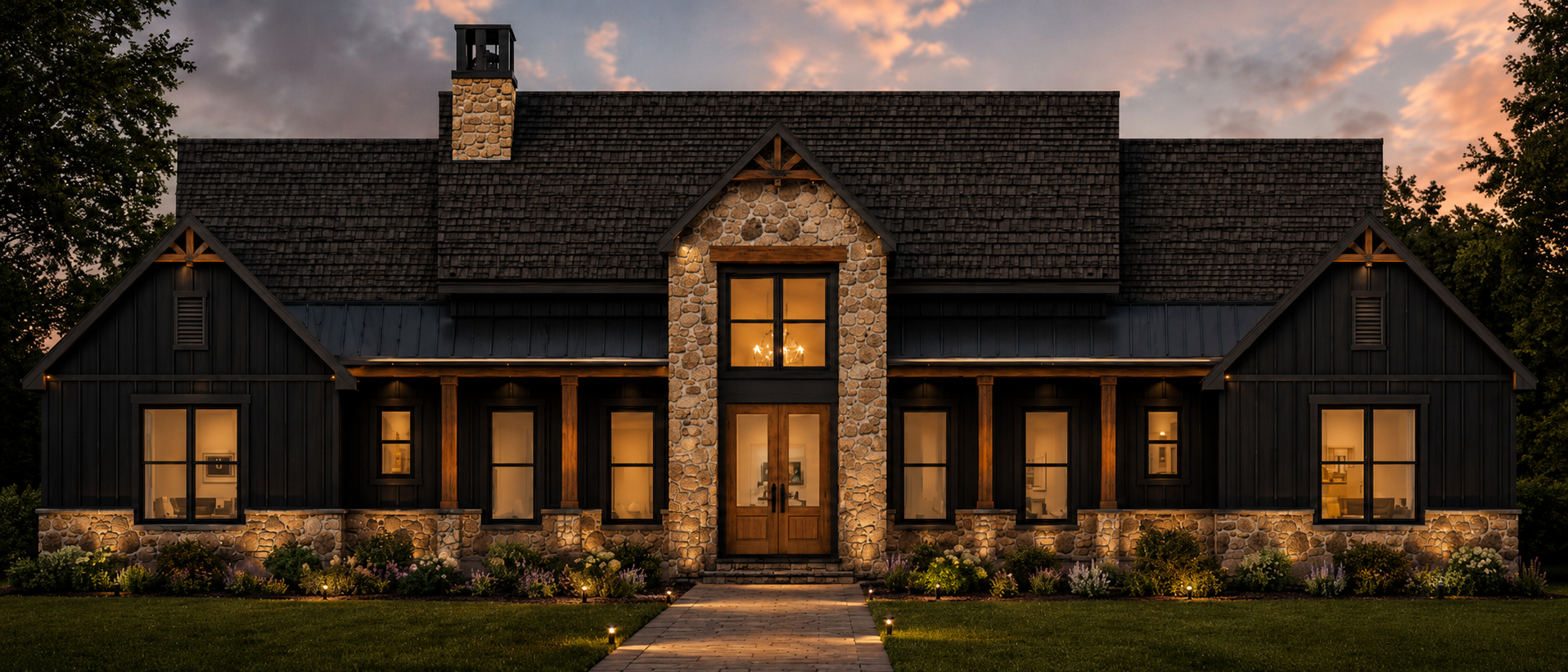 A large house at dusk with exterior lights on, black siding, a stone chimney, and a landscaped front yard.