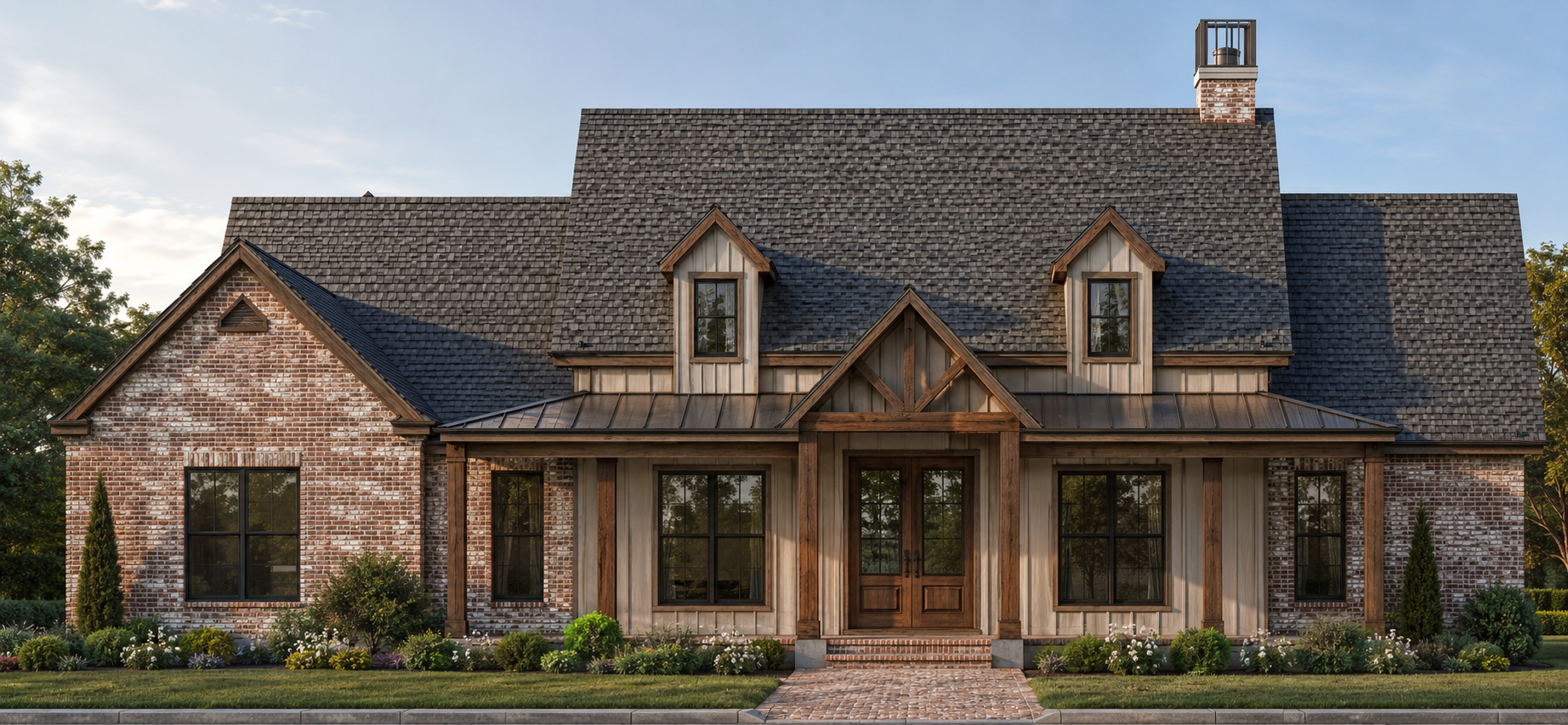 Front view of a rustic house with a brick and wood exterior, two dormer windows, and a landscaped front yard.