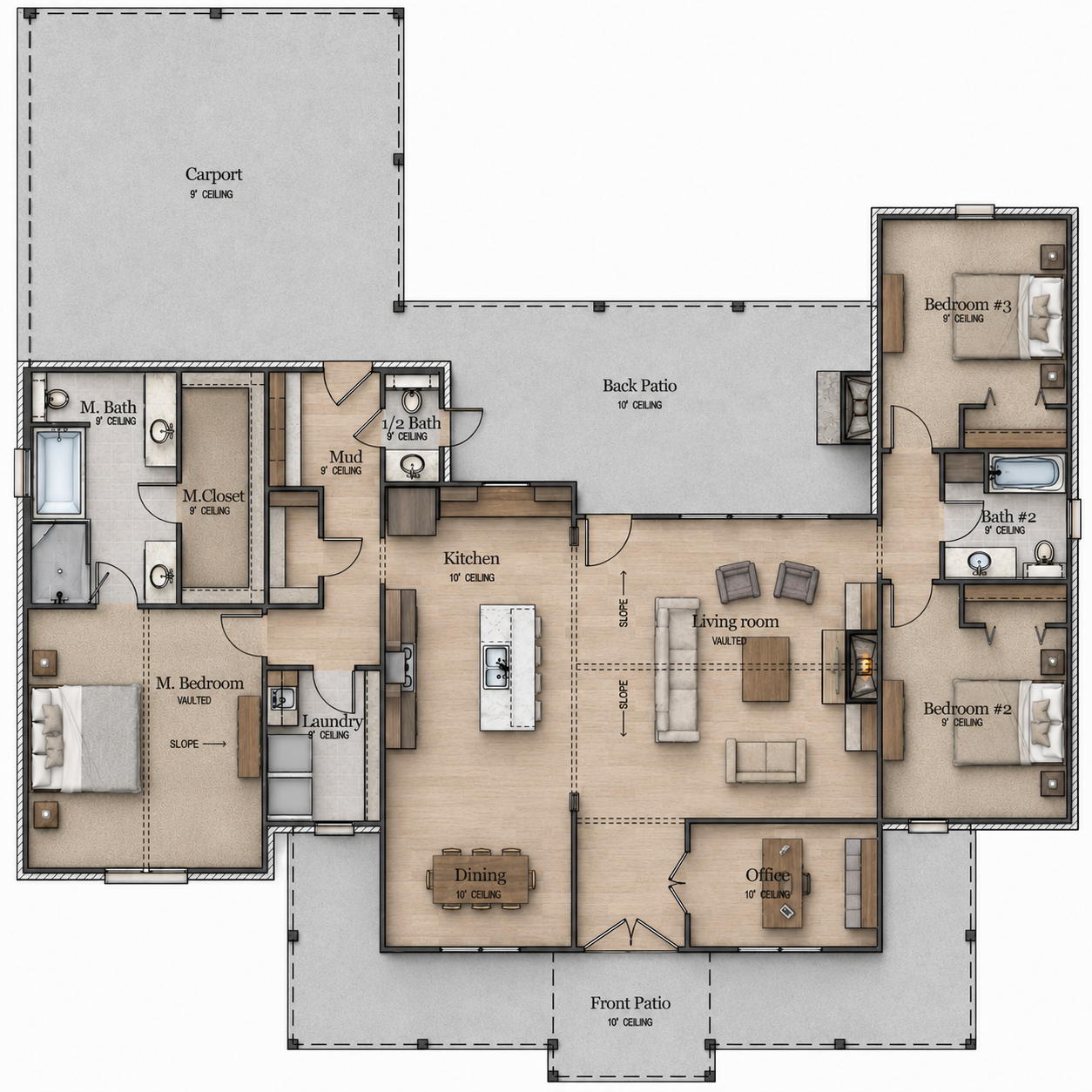 Floor plan of a house with a carport, back patio, front patio, living room, kitchen, dining area, office, laundry room, master bedroom with bathroom and closet, two additional bedrooms, and two bathrooms.