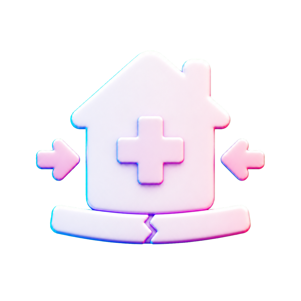 A neon-style icon of a house with a medical cross on it, surrounded by arrows pointing inward from both sides and a cracked base.