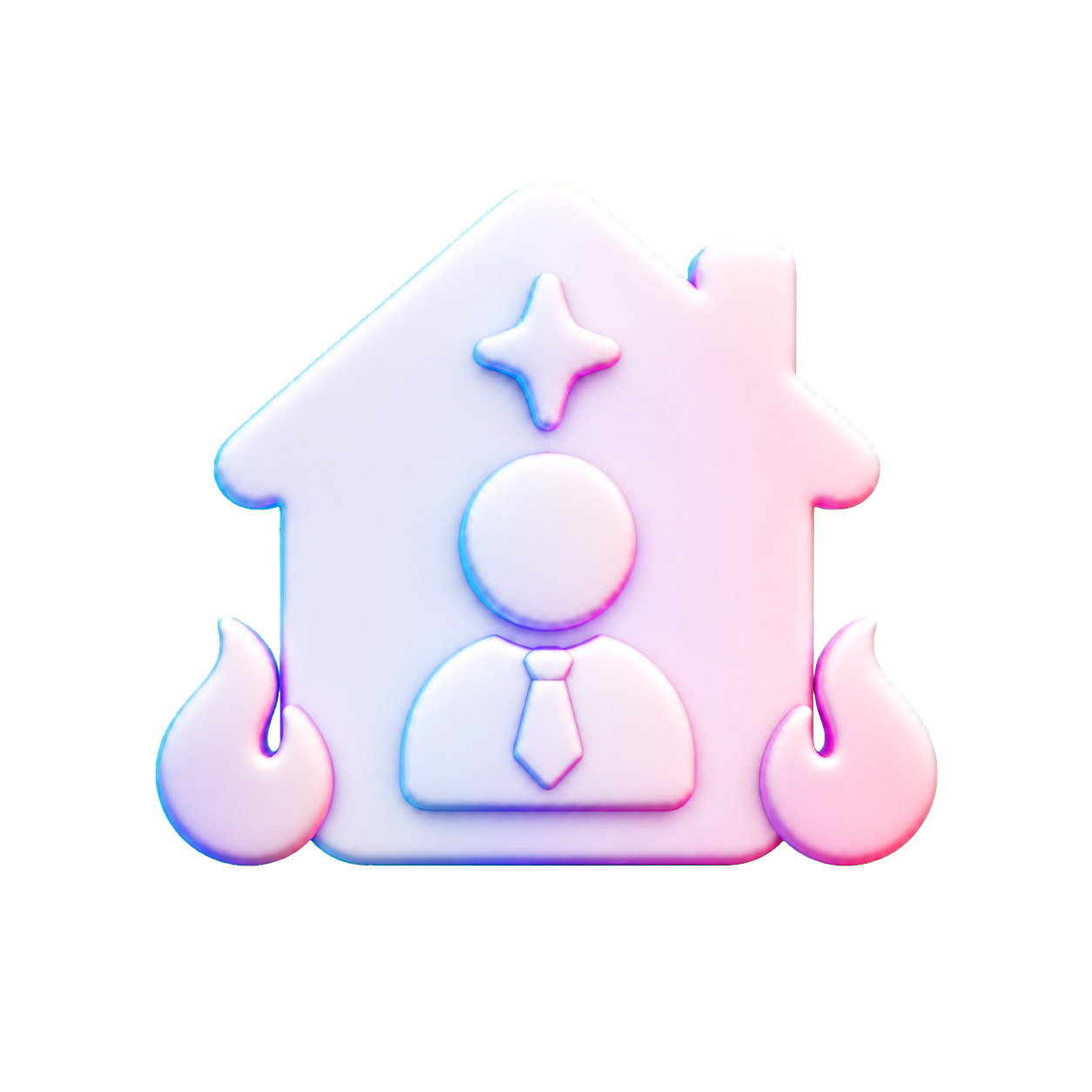 Neon-style icon of a house with a person wearing a tie inside, a star above, and flames beneath, symbolizing a real estate or home safety theme.