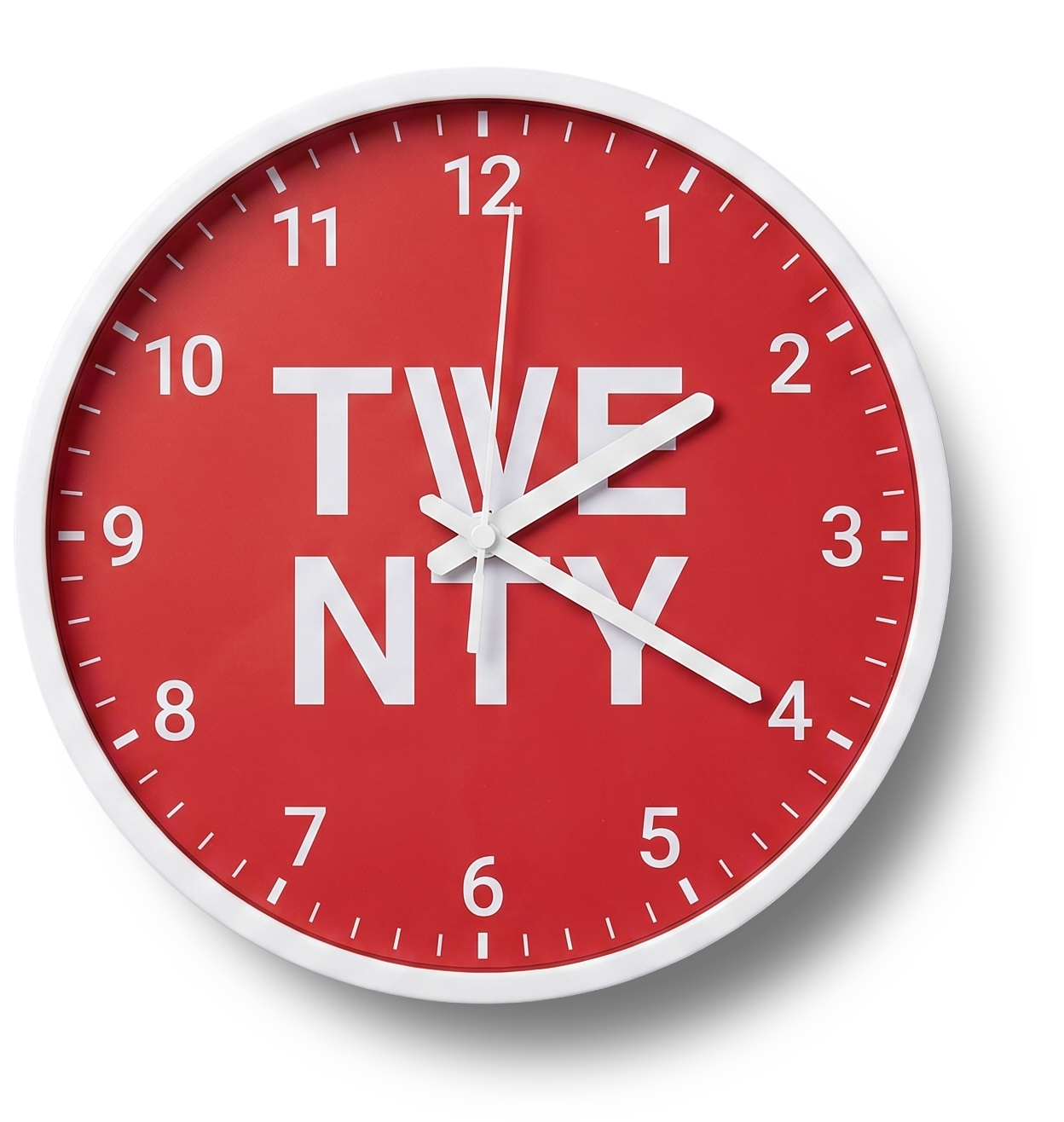 Round wall clock with red background, white frame, and white markings. The clock displays the time as approximately 2:21. The clock face has the words "TIME NY" in bold white letters.
