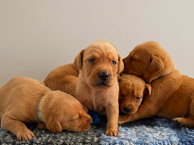 Four adorable Fox Red Labrador retriever puppies, one sitting upright and three others resting on a soft blanket.