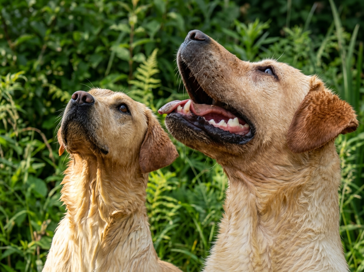Two Labrador retrievers with wet fur outdoors, surrounded by green foliage, one looking upwards and the other with mouth open.
