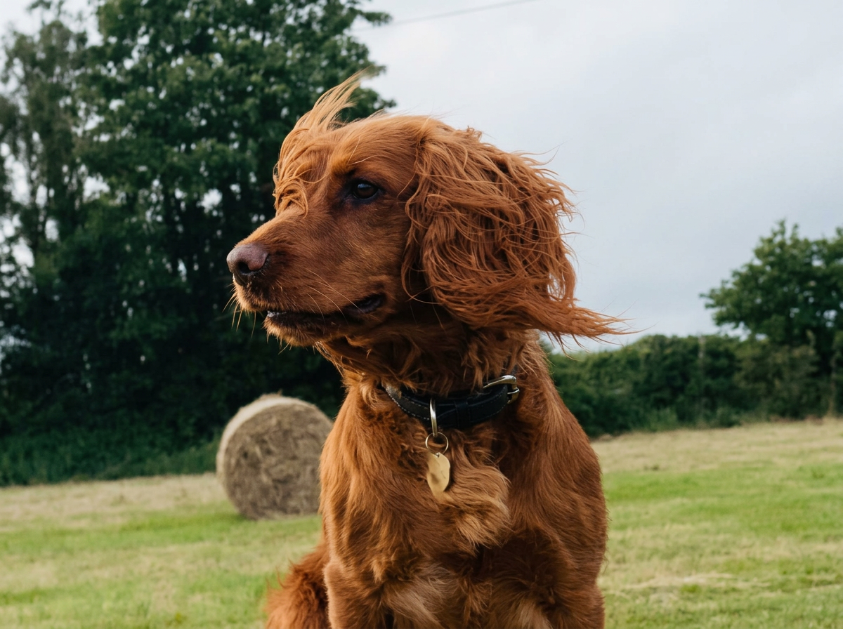 A brown Irish Setter dog with wavy fur outdoors with trees and a hay bale in the background.