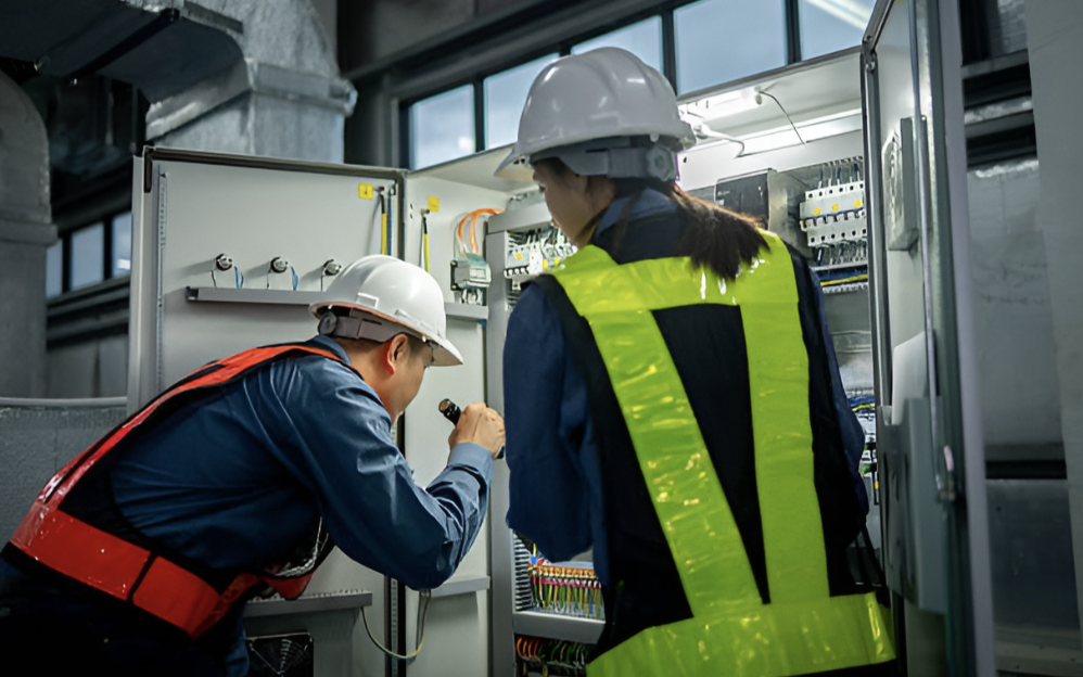 Two electrical workers, one male and one female, wearing safety helmets and reflective vests, inspecting an electrical panel inside a modern industrial building.