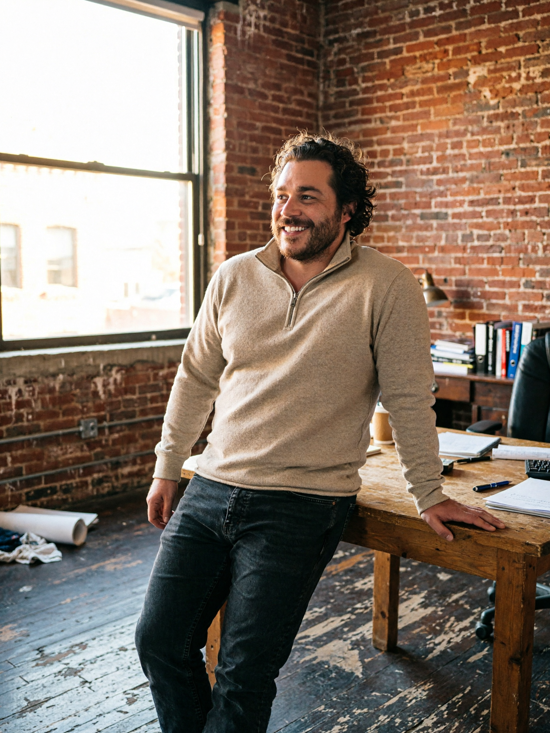 A man smiling while leaning on a desk in an office with exposed brick walls and a large window, with office supplies and books on a shelf in the background.