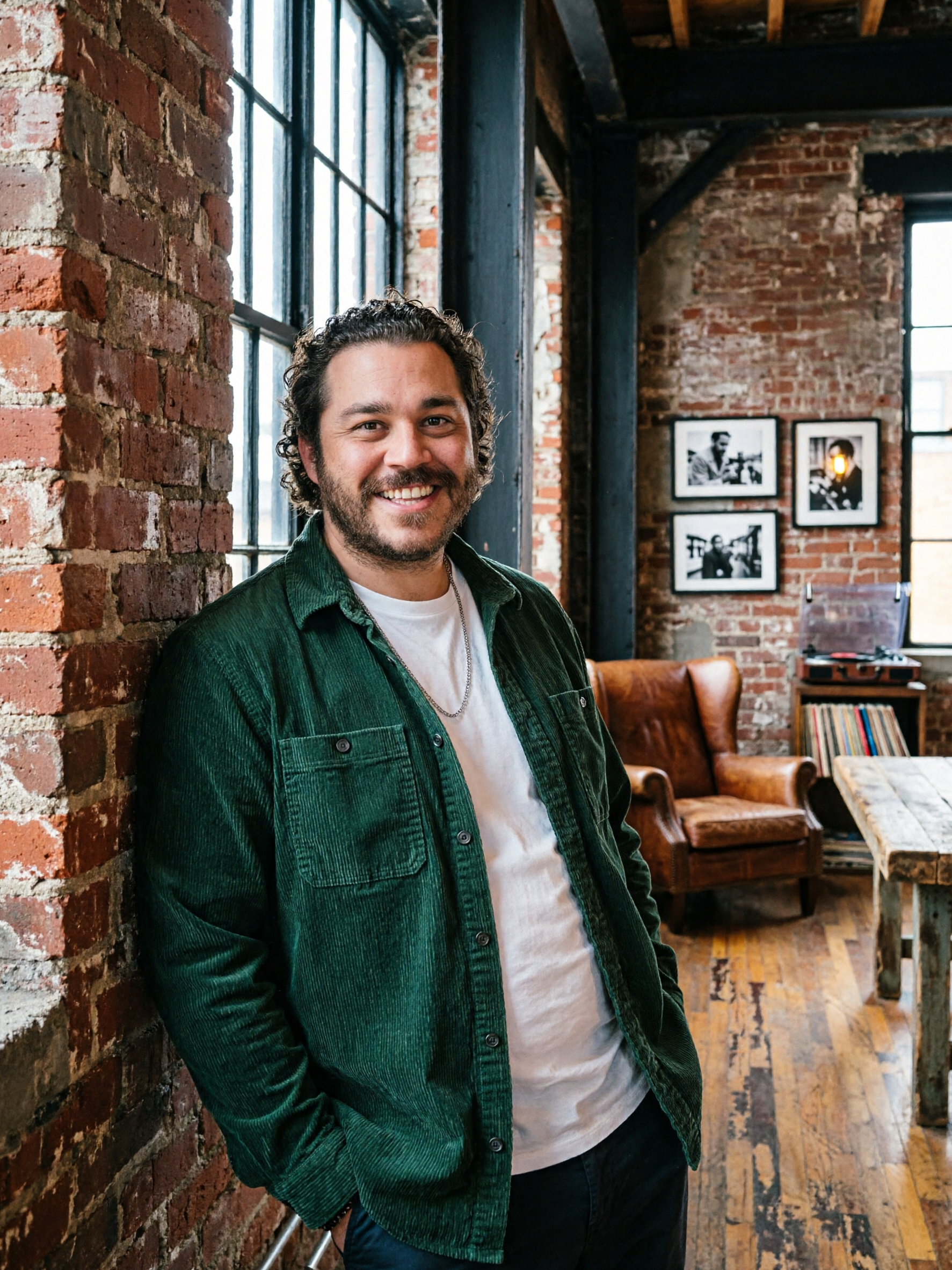 A smiling man with curly hair and a beard standing indoors against an exposed brick wall, wearing a green corduroy shirt over a white t-shirt, in a vintage-style room with large windows, black framed photos on the brick wall, and wooden furniture.