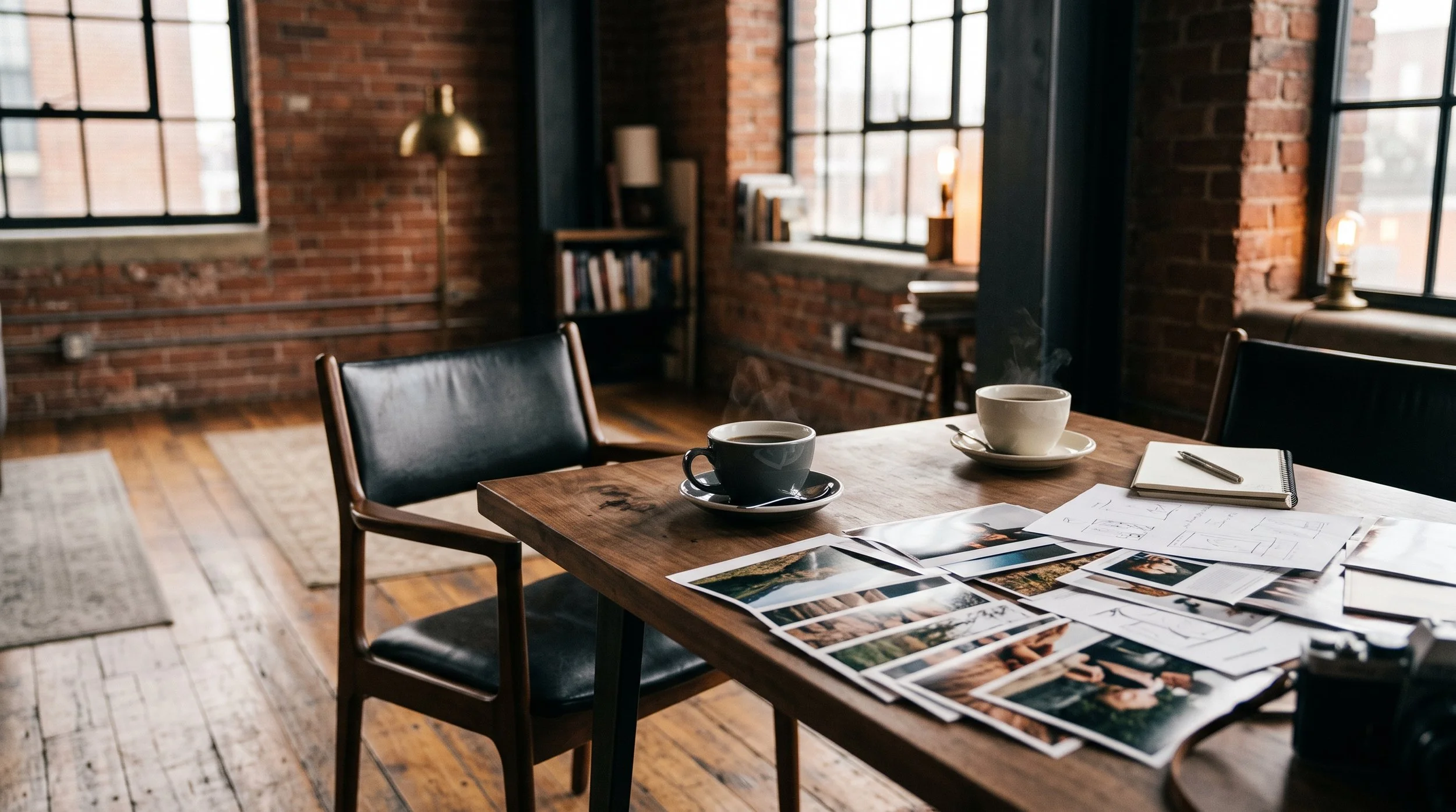 two coffee cups across from each other on a wooden table with a blurred portfolio spread, before an interview