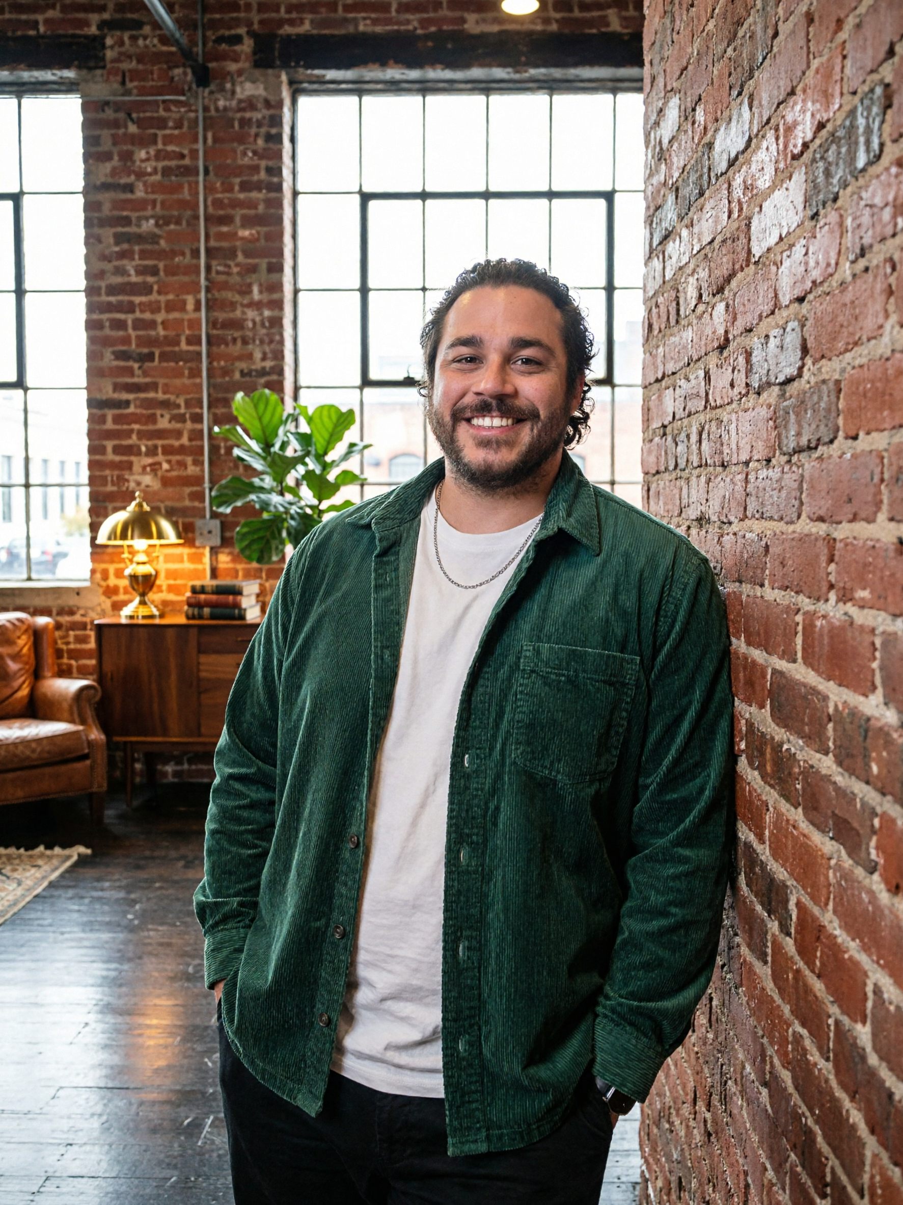 A smiling man with curly dark hair and a beard standing against a brick wall in a loft-style room with large windows, a nearby table with a lamp, a plant, and books, wearing a green corduroy jacket over a white t-shirt.