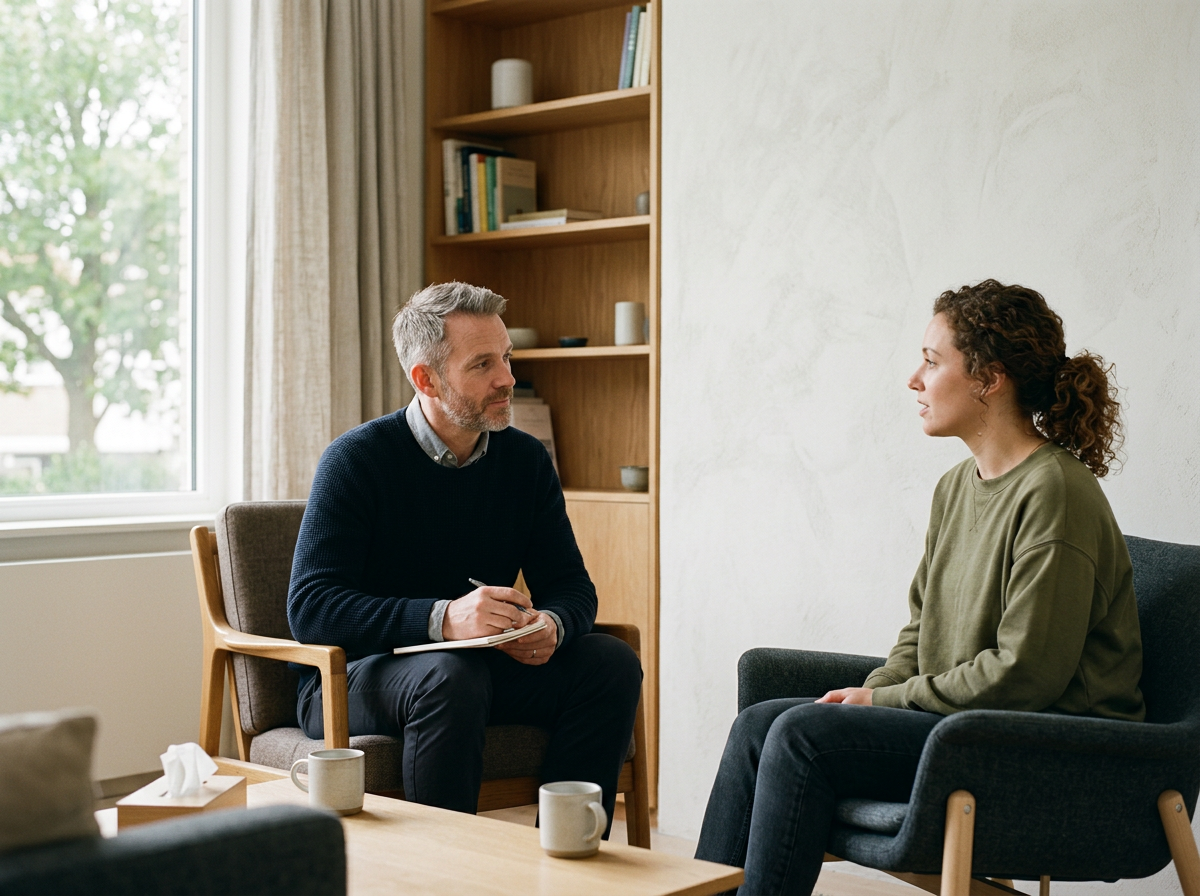 A man and woman having a conversation in a therapy or counseling session, sitting opposite each other in a bright room with a large window and wooden bookshelf.