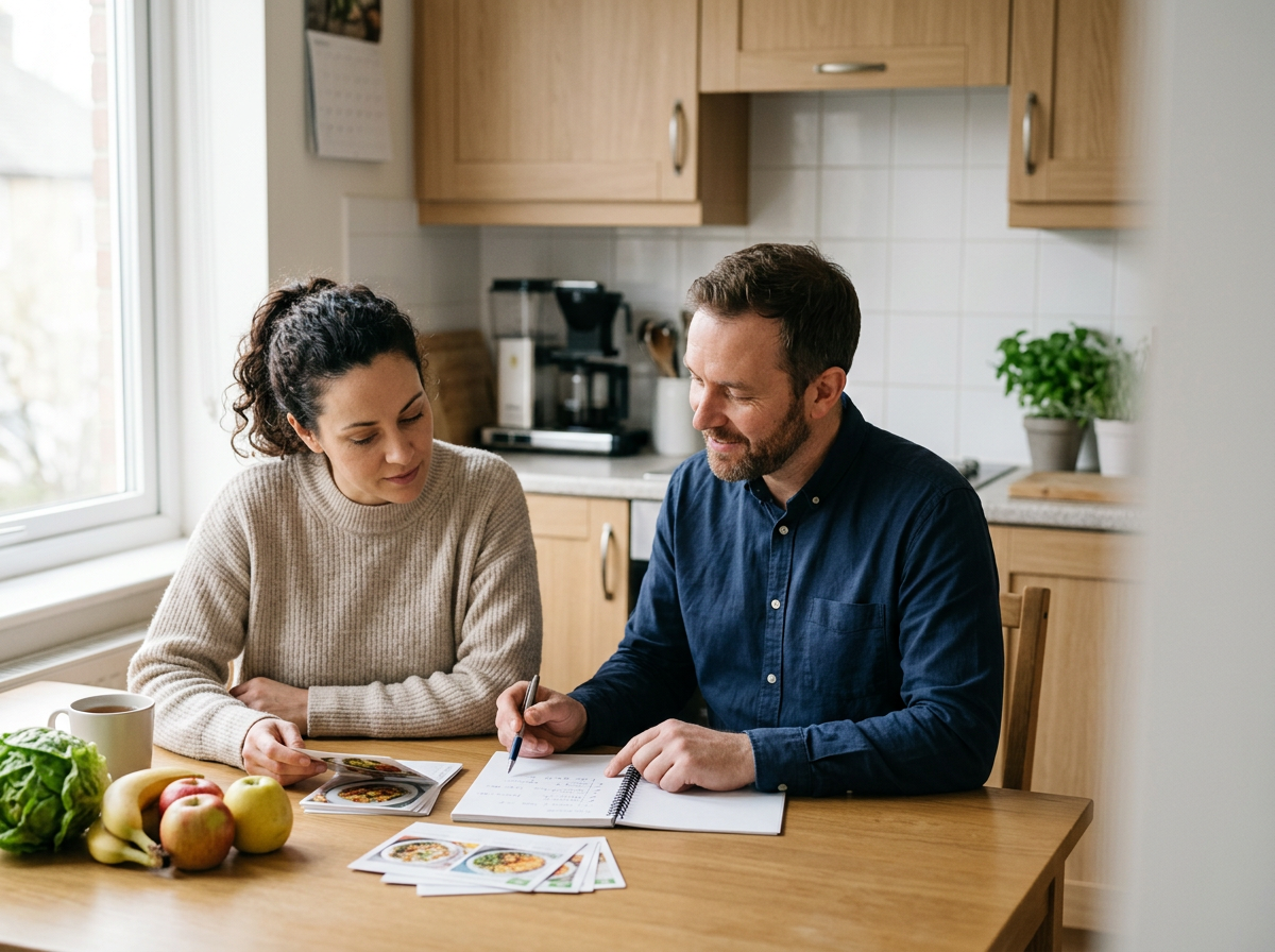 A man and woman sit at a kitchen table reviewing a cookbook and taking notes, with fresh fruits and vegetables on the table.