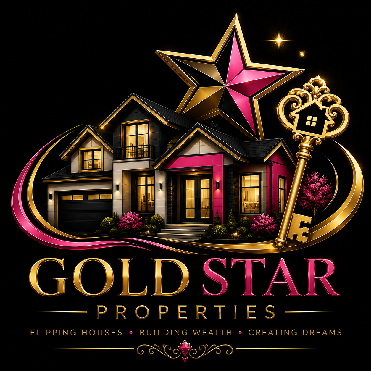 A logo for Gold Star Properties featuring a house with pink and gold accents, a large star, a key, and decorative elements, with the tagline 'Flipping Houses, Building Wealth, Creating Dreams'.