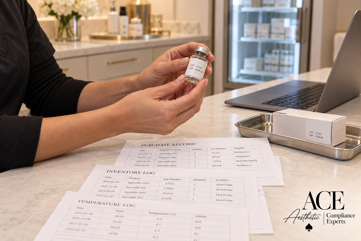 Clinic staff checking a toxin vial's lot number against a purchase record, inventory log and fridge temperature log