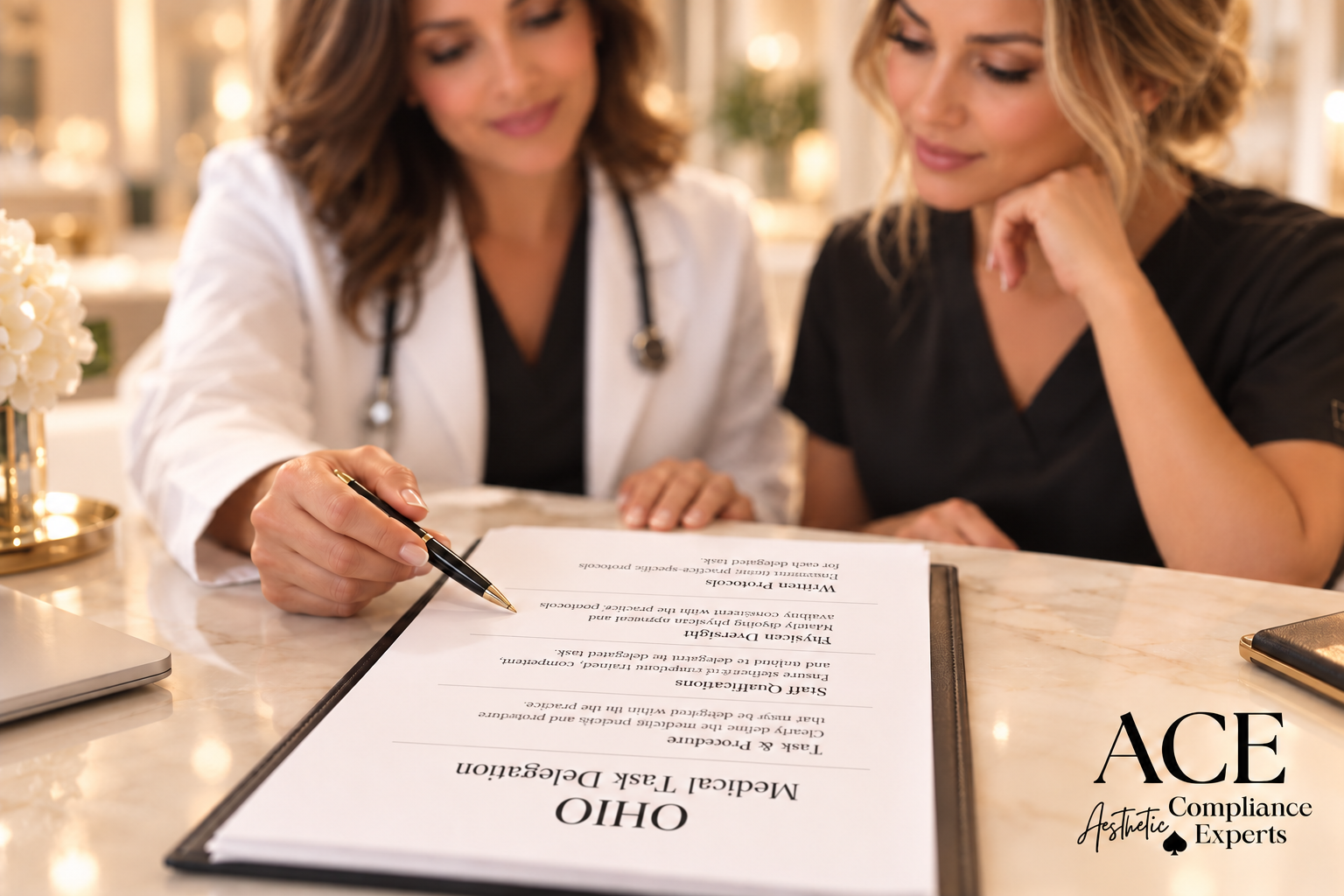 Ohio med spa physician reviewing delegation protocols with staff
