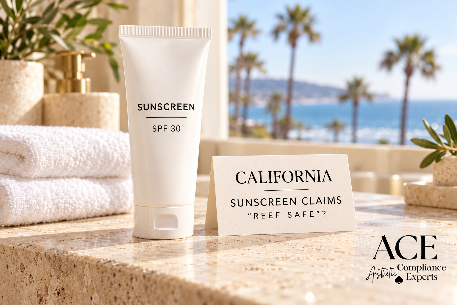 Sunscreen tube next to a card reading California Sunscreen Claims, Reef Safe?, with the ocean behind