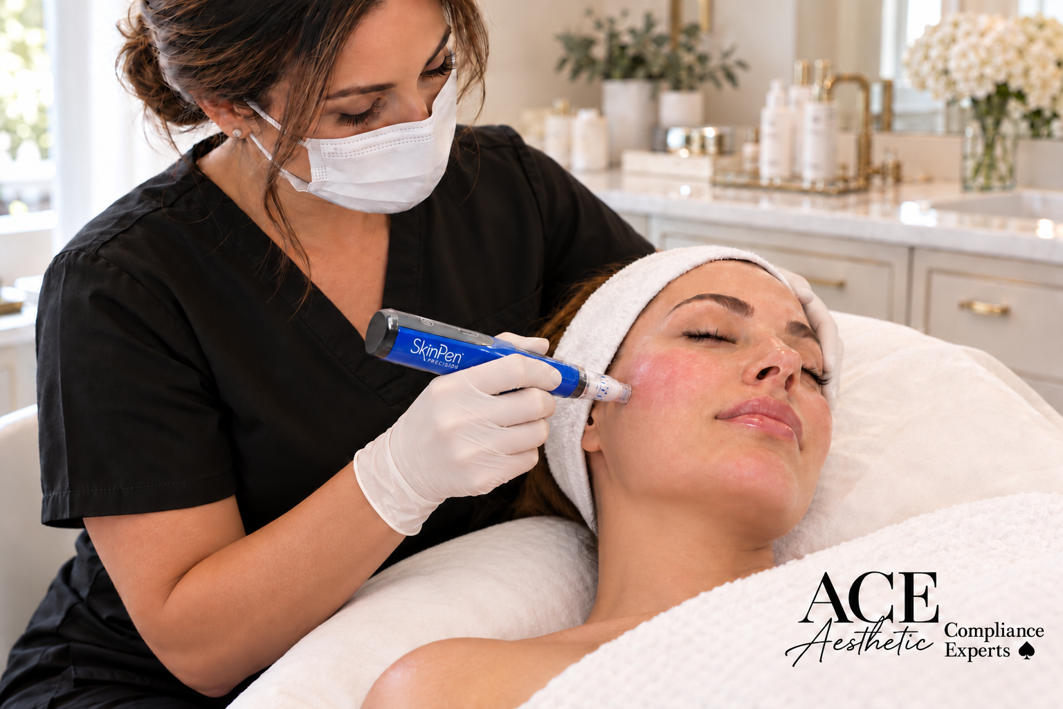 Esthetician in a mask and gloves giving a microneedling treatment to a client in a bright treatment room