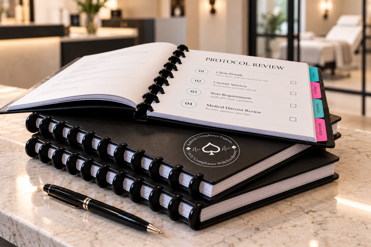 ACE binders on a marble counter, one open to a Protocol Review checklist with clinic details, current services, state requirements and medical director review